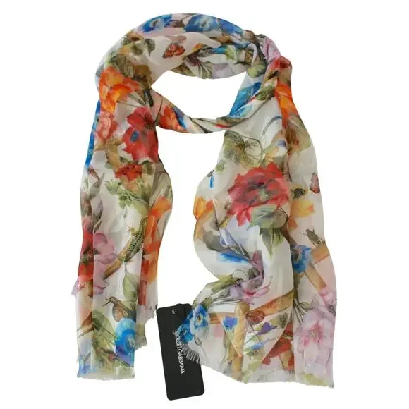 Dolce & Gabbana Floral Printed luxury lightweight silk scarf Shawl Orange Multi - Picture 5 of 9